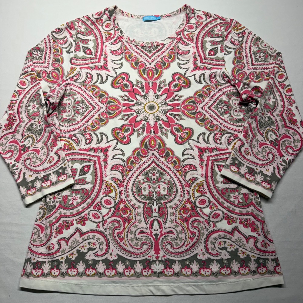 J.McLaughlin Catalina Cloth Top M Pink Paisley Medallion 3/4 Sleeve Stretch